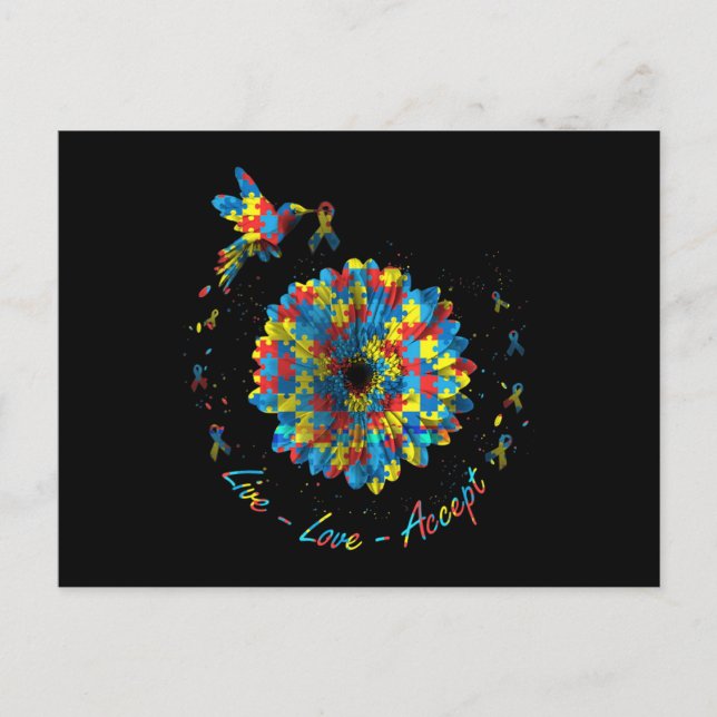 Bird Flower Ribbon Puzzle Live Love Accept Autism  Vykort (Framsida)