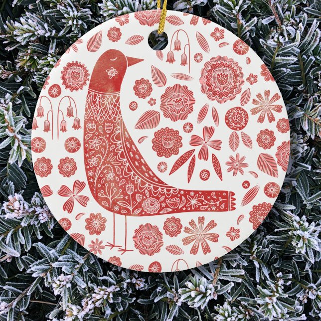 Bird Folk Art Julgransprydnad Keramik (Nordic Scandinavian bird red and white Christmas ornament)