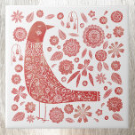 Bird Folk Art Kakelplatta<br><div class="desc">Skandinaviska folkkonstens rödvita och vita fågel- och blomdesign i stil. Originalkonst av Nic Squirrell.</div>