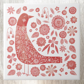 Bird Folk Art Kakelplatta
