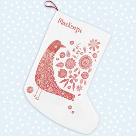 Bird Folk Art Personlig Liten Julstrumpa