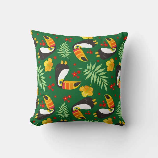 Bird Green Leave Orange Red Flower Tropical Jungle Kudde (Framsida)