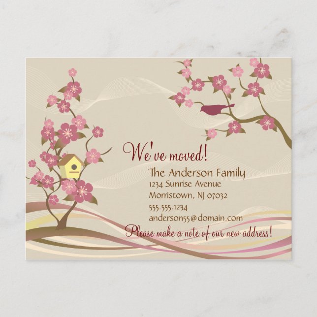 Bird House Flytta Announcement Postcard Grått Meddelande Vykort (Framsida)