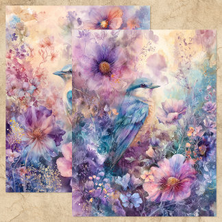 BIRD IN SPRING FLORAL GARDEN SCRAPBOOK PAPER