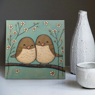 Bird Kärlek Vintage Muted Blue Art nouveau Kakelplatta