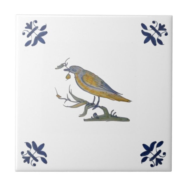 Bird med Berry White Delft Repro c. 1650-panel Kakelplatta (Framsidan)