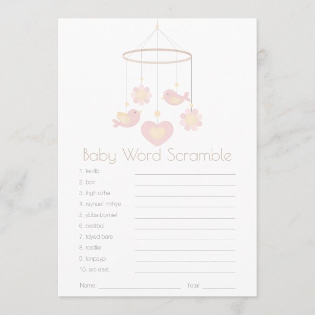 Bird Mobile Nesting Party Baby Word Scramble Rådkort (Framsida)