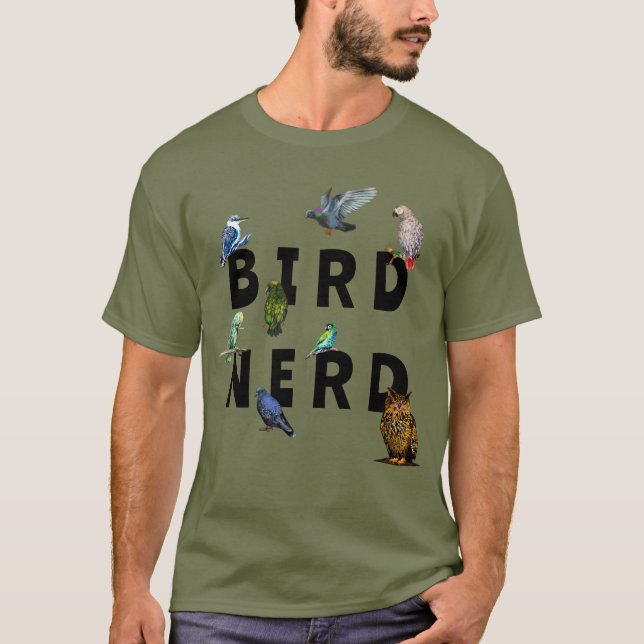 BIRD NERD, parroter, uggla, duvor, kookaburra T Shirt (Framsida)