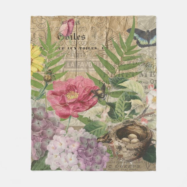 Bird Nest Blommigt Garden Flower Butterfly Art Fleecefilt (Framsidan)