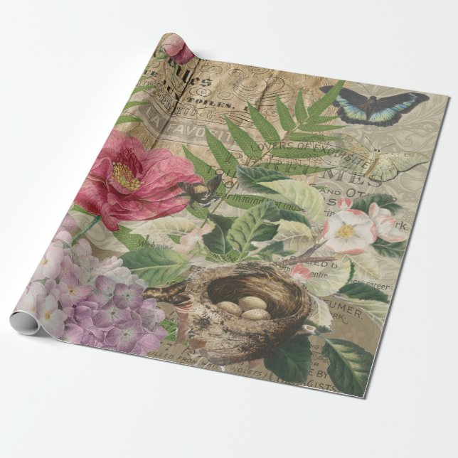 Bird Nest Blommigt Garden Flower Butterfly Art Presentpapper (Utrullad)
