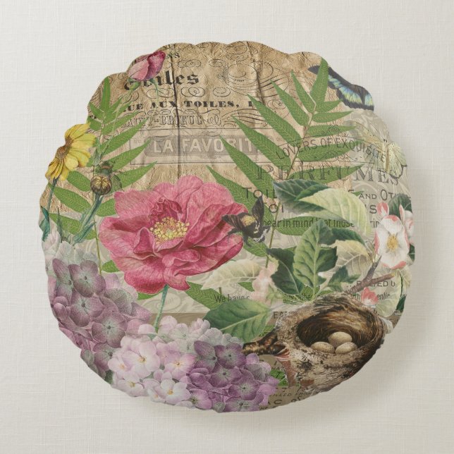 Bird Nest Blommigt Garden Flower Butterfly Art Rund Kudde (Framsidan)