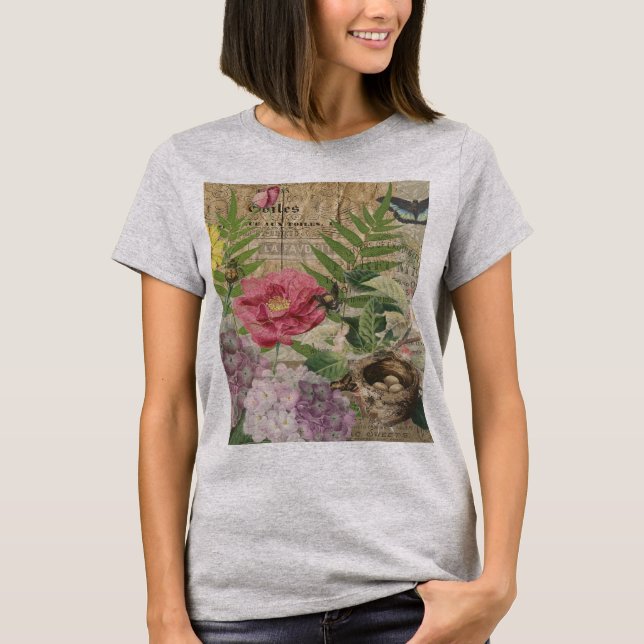 Bird Nest Blommigt Garden Flower Butterfly Art T Shirt (Framsida)