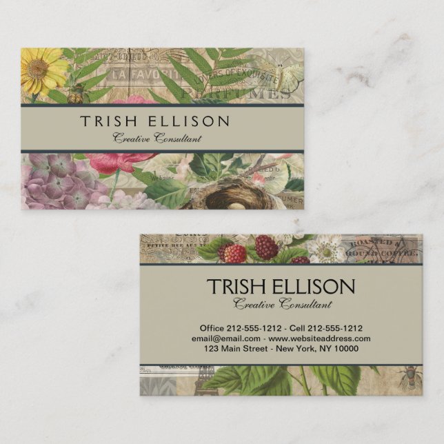 Bird Nest Blommigt Garden Flower Butterfly Art Visitkort (Fram/baksida)