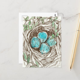 Bird Nest Blue Robin Eggs Vår Bläck Teckning Vykort