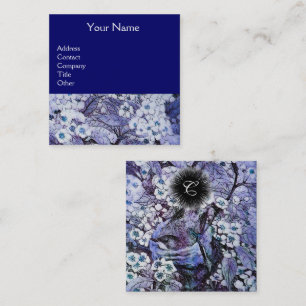BIRD NEST OCH VÅR BLOMMOR Monogram Blue White Fyrkantigt Visitkort
