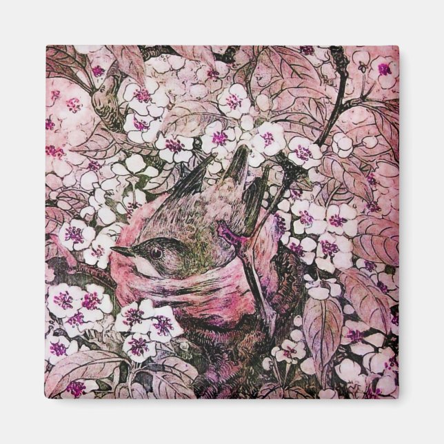 BIRD NEST,RED WHITE ROSA VÅR BLOMMOR Blommigt Magnet (Framsidan)