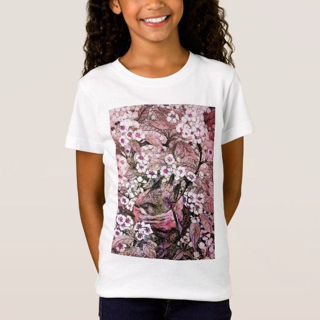 BIRD NEST,ROSA WHITE VÅR BLOMMOR OCH TRÄD T SHIRT (Framsida)