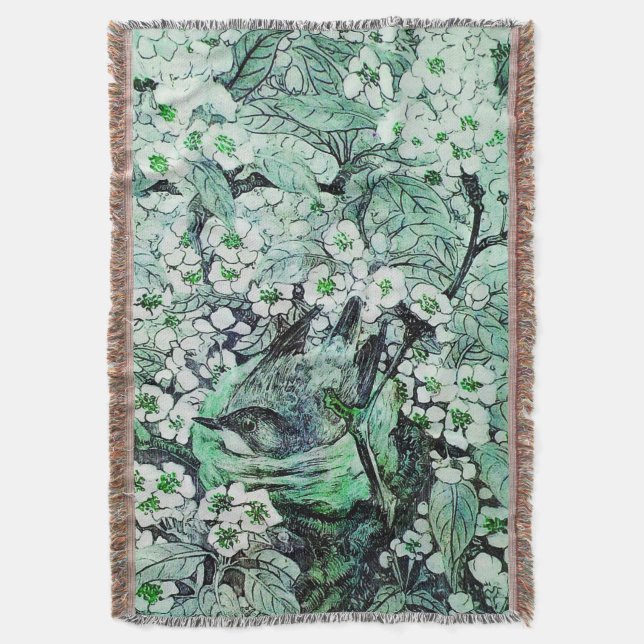 BIRD NEST, TRÄD, GRÖNT WHITE VÅR BLOMMOR Blommigt Filt (Framsidan Vertikal)