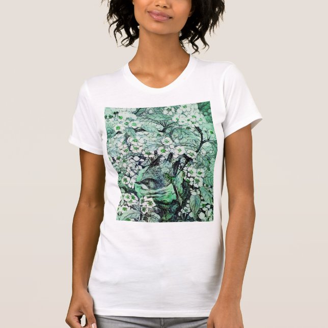 BIRD NEST,TRÄD, GRÖNT WHITE VÅR BLOMMOR Blommigt T Shirt (Framsida)