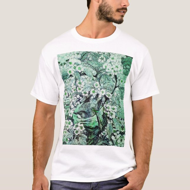 BIRD NEST, TRÄD, GRÖNT WHITE VÅR BLOMMOR Blommigt T Shirt (Framsida)