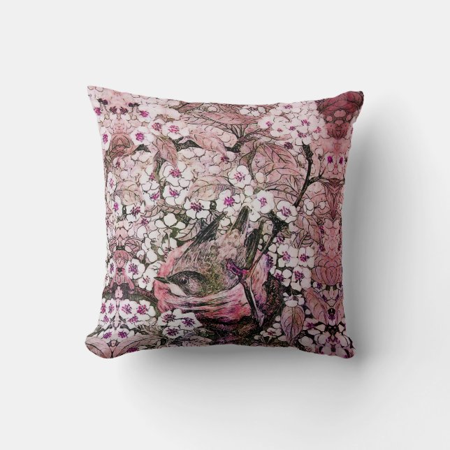 BIRD NEST,TRÄD MED VITA ROSA VÅR BLOMMOR KUDDE (Framsida)