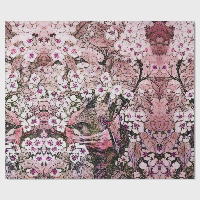 BIRD NEST,TRÄD MED VITA ROSA VÅR BLOMMOR PRESENTPAPPER (Platt)