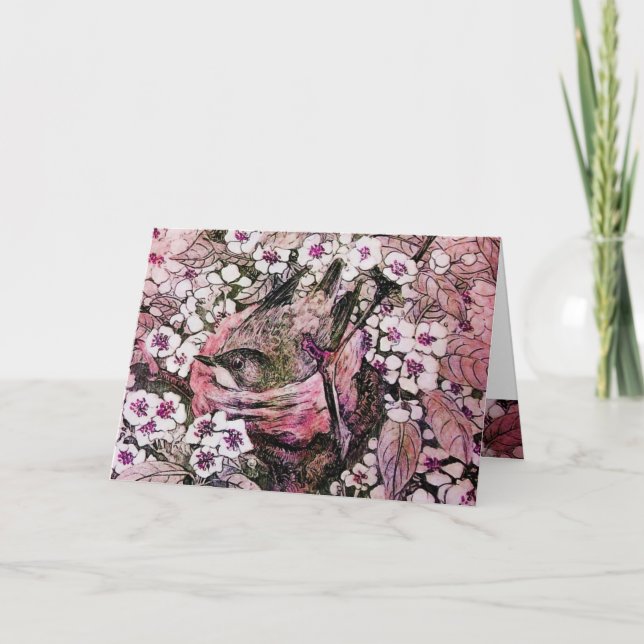 BIRD NEST,TRÄD MED VITRÖD ROSA VÅR BLOMMOR HELGKORT (Framsida)