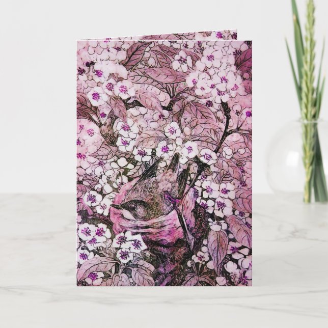 BIRD NEST,TRÄD MED VITRÖD ROSA VÅR BLOMMOR HELGKORT (Framsida)