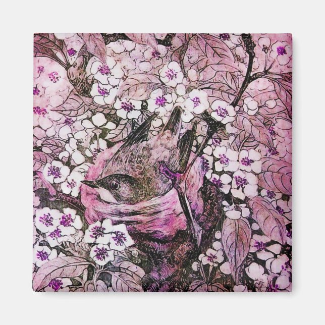 BIRD NEST,vit röd rosa violett Magnet (Framsidan)
