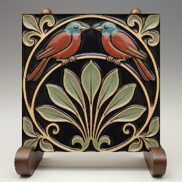 Bird on Flowers Art Deco Nouveau Faux Relief Kakelplatta