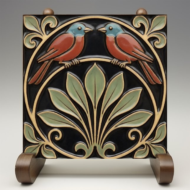 Bird on Flowers Art Deco Nouveau Faux Relief Kakelplatta (Skapare uppladdad)
