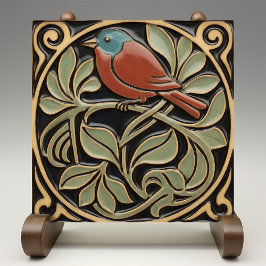 Bird on Flowers Art Deco Nouveau Faux Relief Kakelplatta