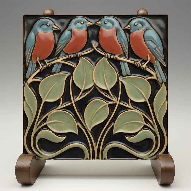 Bird on Flowers Art Deco Nouveau Wall Decor Kakelplatta (Skapare uppladdad)