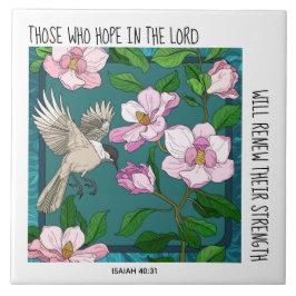 Bird on Flowers, w verse from Isaiah 40:31 Kakelplatta