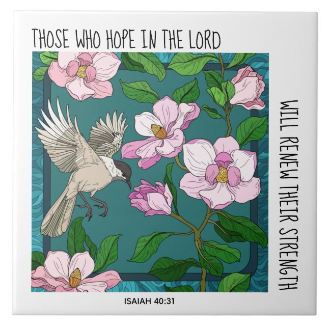 Bird on Flowers, w verse from Isaiah 40:31 Kakelplatta (Framsidan)