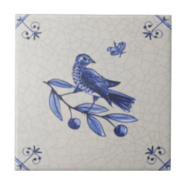 Bird på Gren w/Butterfly Tidigt Blue Delft Repro Kakelplatta