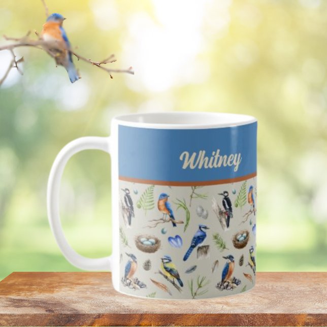 Bird Pattern Kingfisher, Blue Jay, Woodpecker Name Kaffemugg (Skapare uppladdad)
