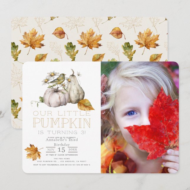 Bird Pumpkin Fall Watercolor Birthday Photo Inbjudningar (Fram/baksida)