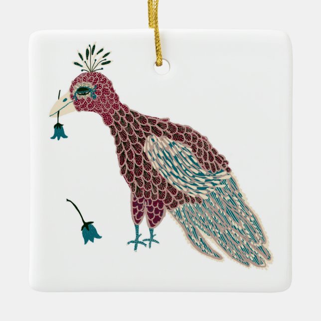 Bird Red med blåa blommor Julgransprydnad Keramik (Framsida)
