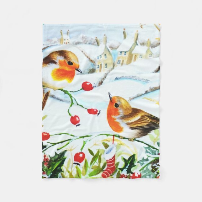 Bird Robin Couple Winter Holly jul Fleecefilt (Framsidan)