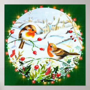 Bird Robin Couple Winter Holly jul Poster