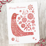 Bird Scandinavian Helg Vykort<br><div class="desc">Skandinaviskt folkkonst: stil rött och vitt julkort. Byt eller ta bort hälsning på framsidan och adress på baksidan för att anpassa sig. Originalkonst av Nic Squirrell.</div>