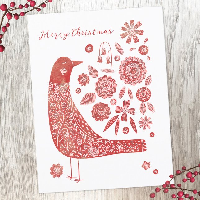 Bird Scandinavian Helg Vykort (Watercolor bird and flower red and white holiday card)