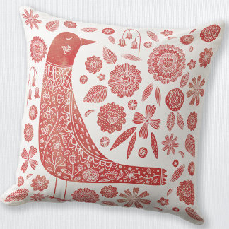Bird Scandinavian Red White Kudde