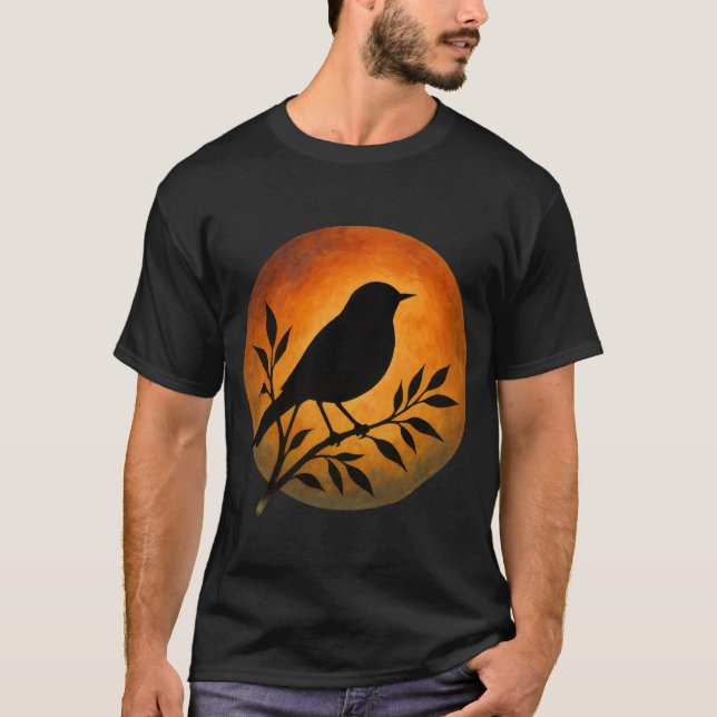 Bird Silhouette Over Full Moon T Shirt (Framsida)