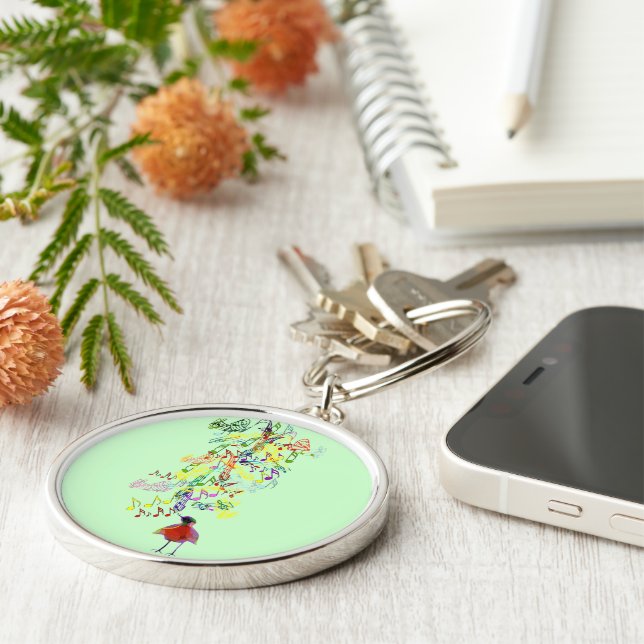 Bird Singing Rund Silverfärgad Nyckelring (Sidan)