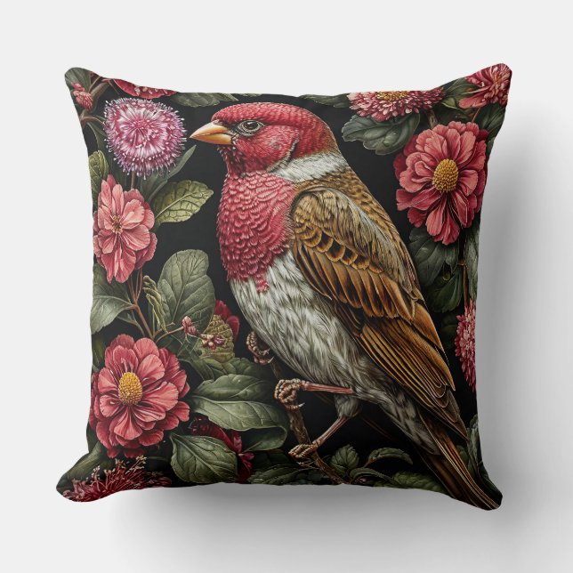 Bird sitta vid gren med blommor kudde (Framsida)