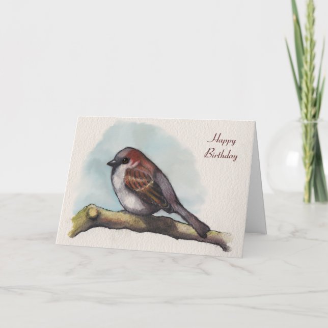 Bird, Sparrow: Watercolor Painting, Birthday Kort (Framsida)