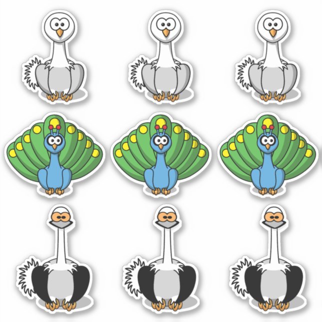 Bird Svan, Peacock, Ostrich Tecknad Klistermärken (Framsida)