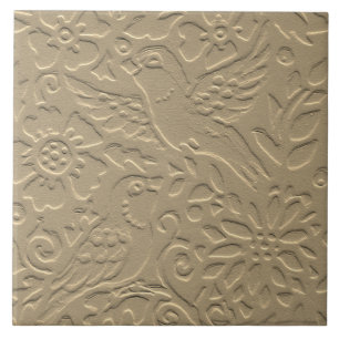 Bird Tan Clay Flowers Embossed Art+Nouveau Nature Kakelplatta